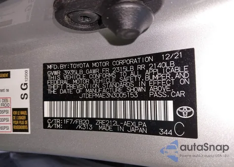 2022 Toyota Corolla Le z USA, uszkodzony, nr VIN JTDEPMAE3N3005153